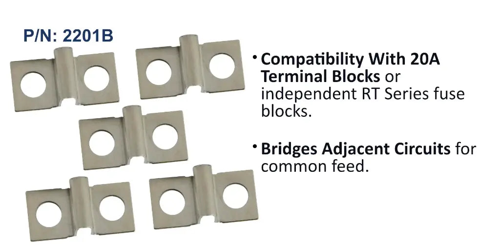 EGIS 2201 terminal block jumpers for 20A blocks, five grey bridging tabs shown flat, with compatibility notes