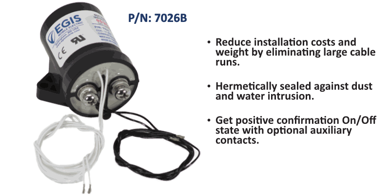 EGIS 7026 100A 24V side mount contactor with auxiliary contacts, white and black leads coiled, green panel