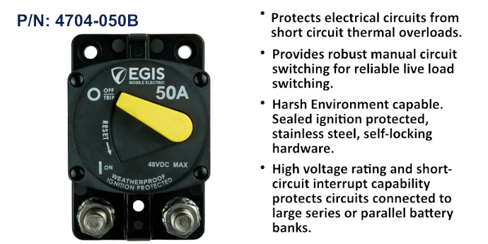EGIS 4704-050 87 series 50A surface mount breaker, black body, yellow rocker handle, two stud terminals