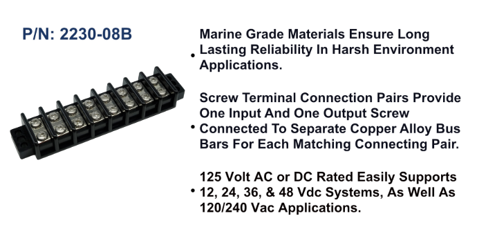 EGIS 2230-08 30A eight-circuit terminal block, black barrier strip with eight pairs of screws, angled view