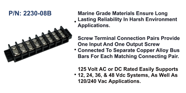 EGIS 2230-08 30A eight-circuit terminal block, black barrier strip with eight pairs of screws, angled view