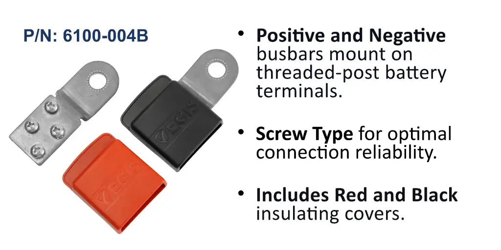 EGIS 6100-004 ring terminal busbar kit with silver battery post terminals and red and black insulating covers