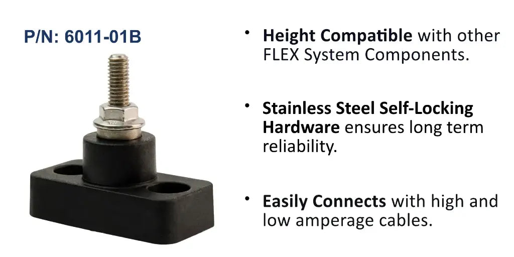 EGIS 6011-01 mini power post with M5 stud, black base with two mounting holes and stainless nut, feature list