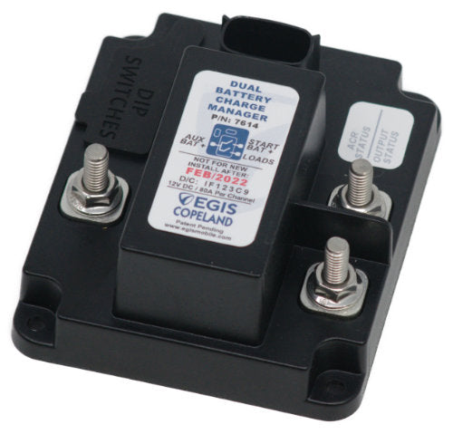 EGIS Copeland 7614 dual-battery charge manager close-up, black housing with DIP switch label, white label and three studs