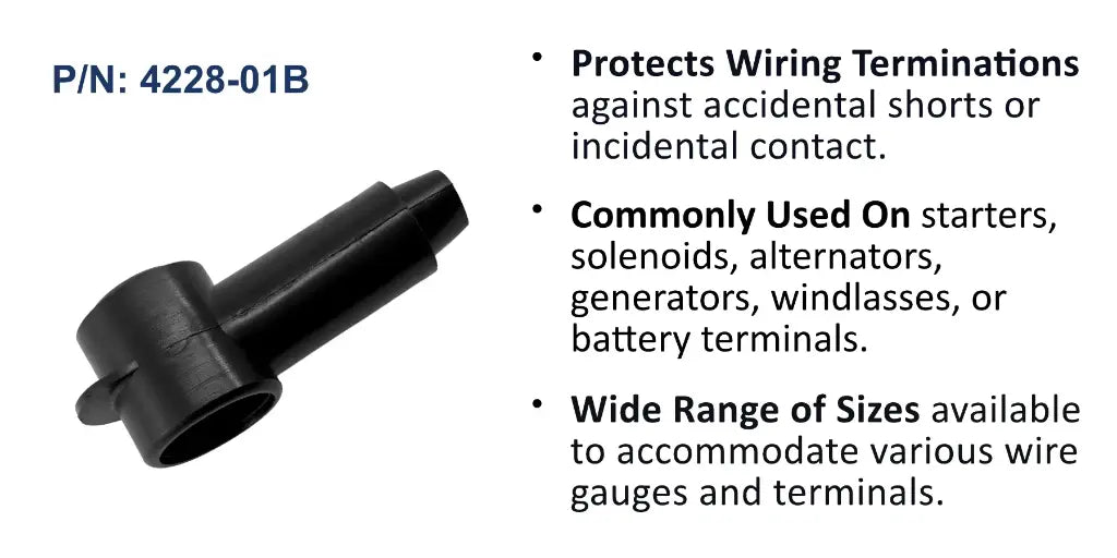 EGIS 4228-01B bulk pack CableCap stud insulator, black, 2/0-2 AWG, single rubber boot viewed at an angle