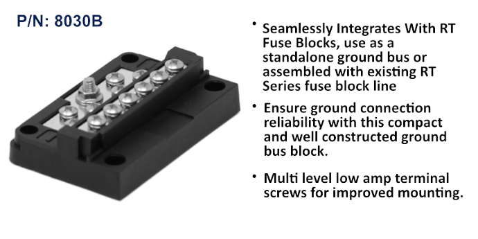 EGIS RT 8030B 12-circuit dual-level ground busbar, black moulded block with silver screw terminals, bullets at right