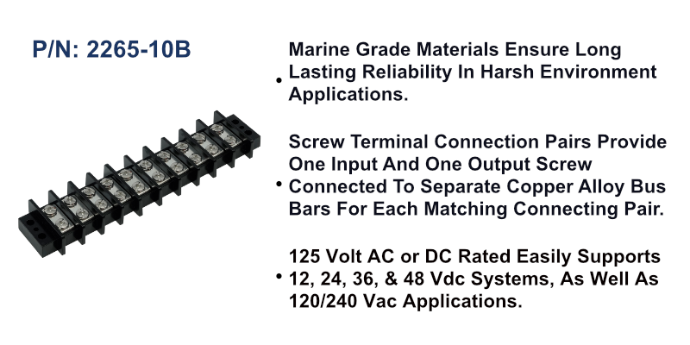 EGIS 2265-10 65A ten-circuit terminal block, long black barrier strip with large screw terminals, angled view