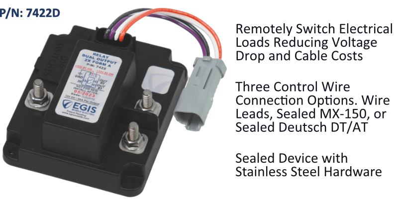 EGIS 7422 dual 2x80A relay 12V, black body with four studs, coloured wire loom and grey Deutsch plug, text at right