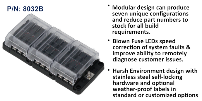 EGIS RT series 8032B 18-way LED fuse block, three clear fuse covers over black base, ground stud, and bullet points