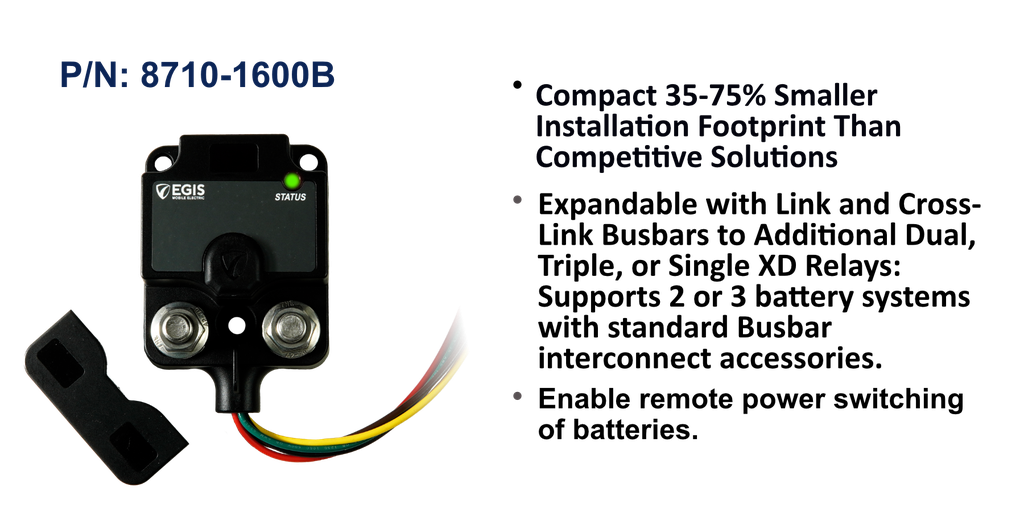 EGIS XD Flex 2 8710-1600 relay/ACR with no knob on black background, two studs, yellow and red wire tails, mount plate