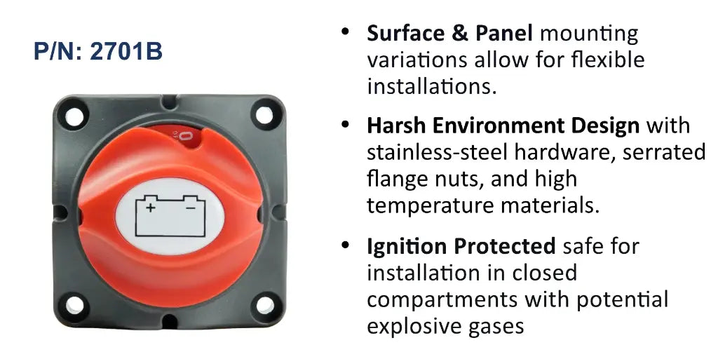 EGIS 2701 mini on/off battery switch, grey body with red knob showing battery symbol, front view