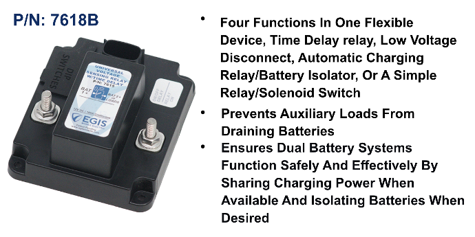 EGIS 7618B universal voltage sensing relay bulk pack image, black unit with studs, bullets on time delay and isolation