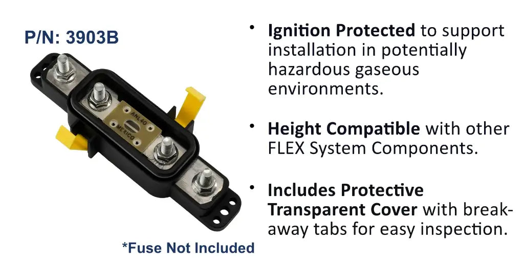 EGIS 3903 sealed ANL fuse block, 35-750A, with transparent cover, yellow tabs and two stud terminals