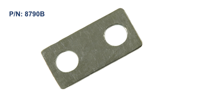 EGIS 8790B XD relay link busbar, flat silver two-hole metal strip shown at an angle on white background