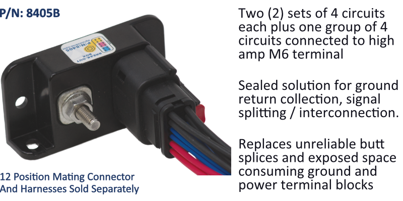 EGIS 8405B sealed break-out box, M6 stud and black connector housing, red, blue and yellow leads, label on top