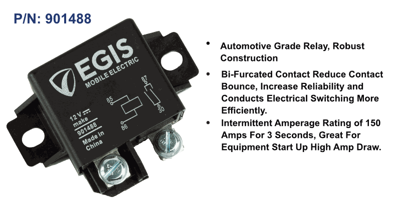 EGIS 901488 75A automotive relay with two stud terminals and mounting tabs, on a green panel with feature bullets