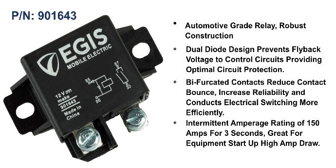 EGIS 901643 75A dual diode relay in black case with mounting tabs and stud terminals, with spec bullets alongside