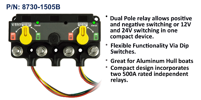 EGIS XD 8730-1505 dual two-pole Flex 2 relay with two yellow knobs, four studs, coloured wires below, on black background
