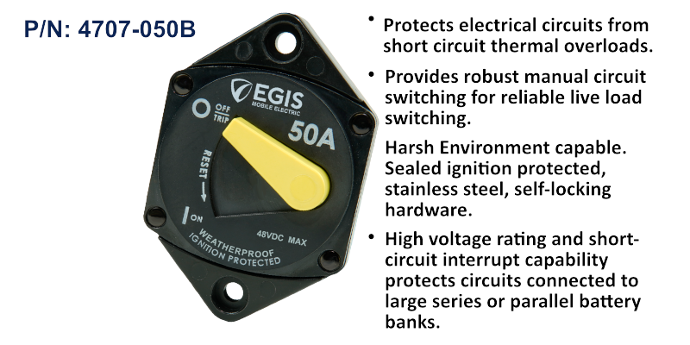 EGIS 4707-050 50A weatherproof circuit breaker, front of yellow switch handle, feature text beside