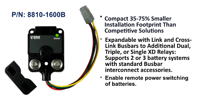 EGIS XD Flex 2 8810-1600 DTM relay/ACR with no knob, black body with two studs, grey connector and wire tails, black backdrop