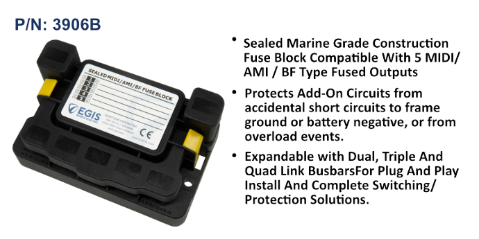 EGIS 3906 MIDI 5-way sealed fuse block, black closed housing with label on lid, M8 in and M6 out