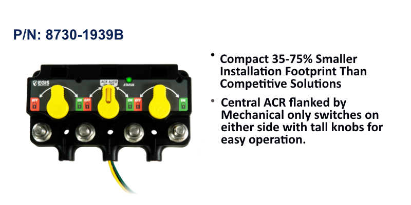 EGIS 8830-1939 XD Flex 2 triple relay front view, three yellow override knobs over terminal studs, wire leads below