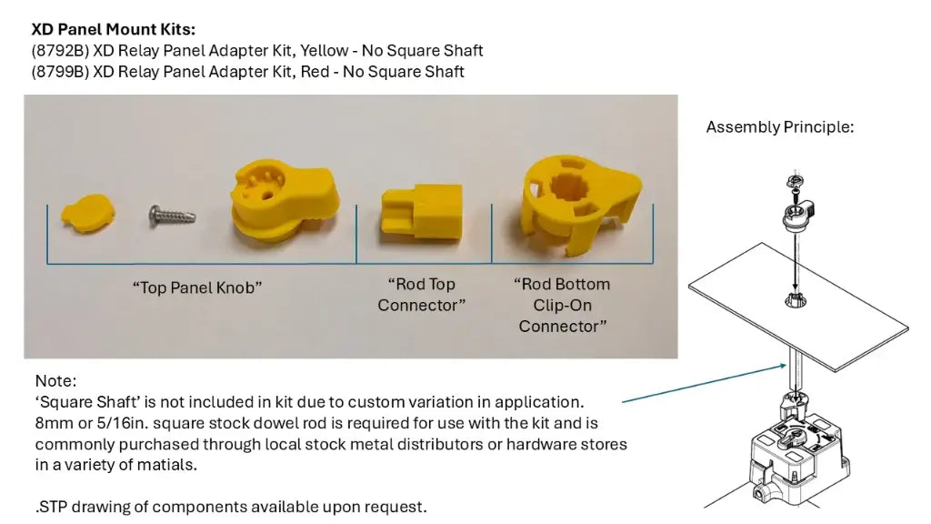 EGIS 8792 XD relay panel adapter kit diagram, yellow knob and connector parts with assembly sketch and notes on shaft