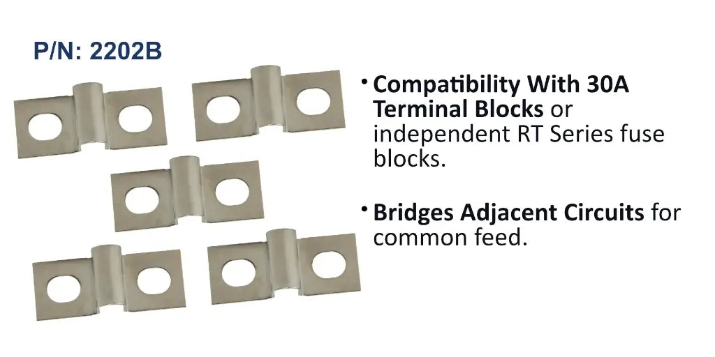 EGIS 2202 terminal block jumpers for 30A blocks, five grey bridging tabs shown flat, with compatibility notes
