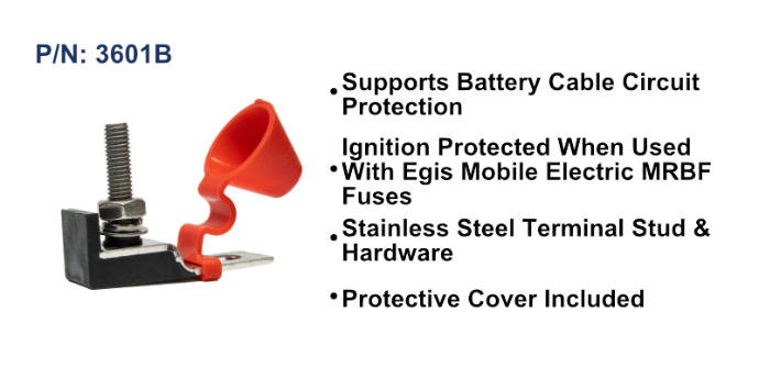 EGIS 3601 MRBF single output terminal fuse block with red protective cover and stud, beside feature list