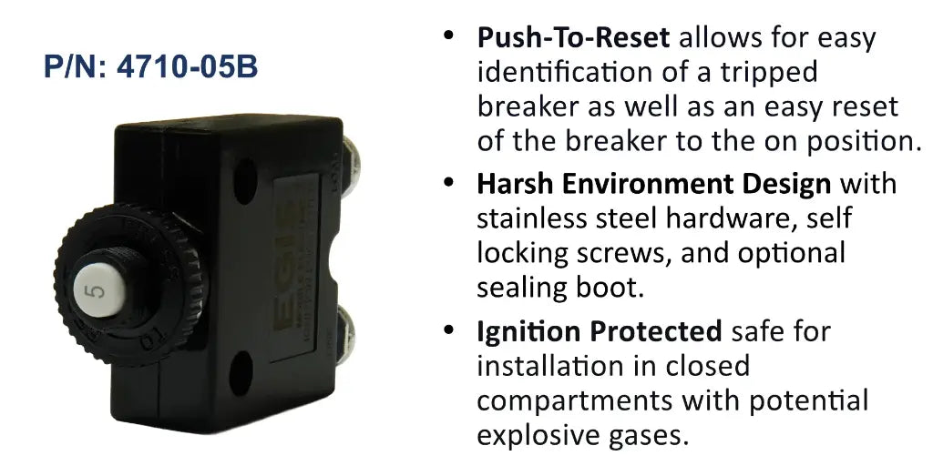 EGIS 4710-05 5A push-to-reset circuit breaker, black body with knurled button marked 5, features list beside it