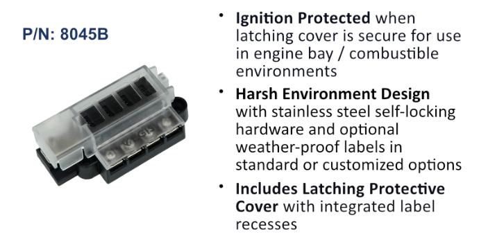 EGIS RT series 8045B 4-circuit inline fuse block with clear latching cover over black fuses and terminals, text beside