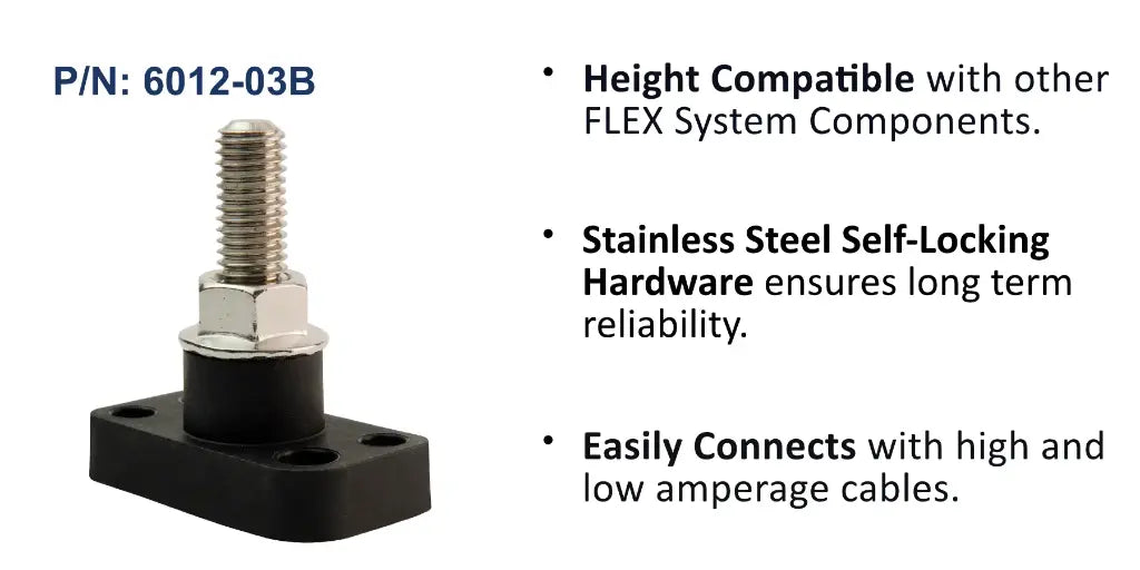 EGIS 6012-03 power post with M8 (5/16 inch) stud, black base with two mounting holes and nut, feature list