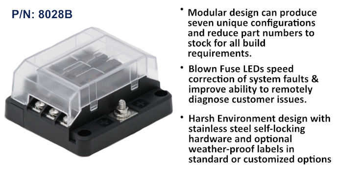 EGIS RT series 8028B 6-way LED fuse block, black base with raised clear cover, fuse terminals at front, with bullets