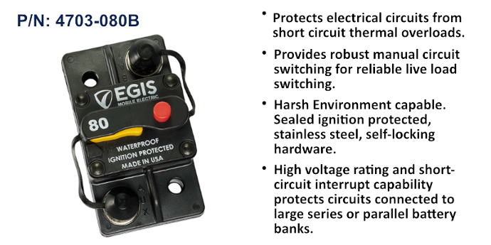 EGIS 4703-080 85 series 80A surface mount circuit breaker, black, red reset button, alongside feature list