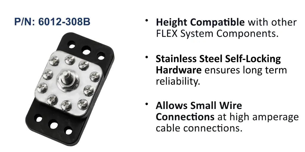 EGIS 6012-308 Power Post Plus with M8 stud and ten M4 screw terminals on a black base, top view with features