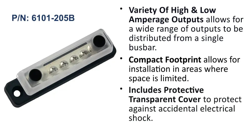 EGIS 6101-205B 100A MiniBus busbar with clear cover over two studs and five screw terminals, angled view