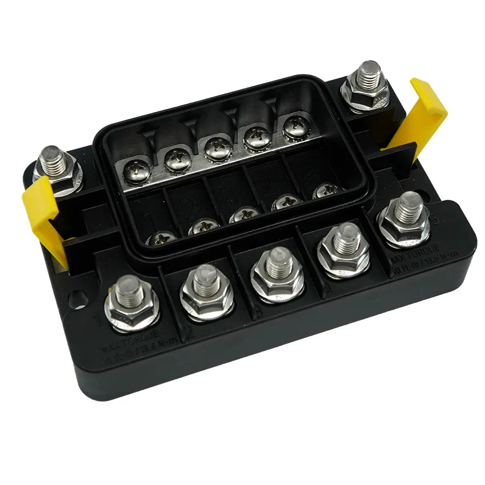 EGIS 3908 MIDI 5-way sealed fuse block, M8 in and out, close-up of five studs under raised yellow-tabbed lid