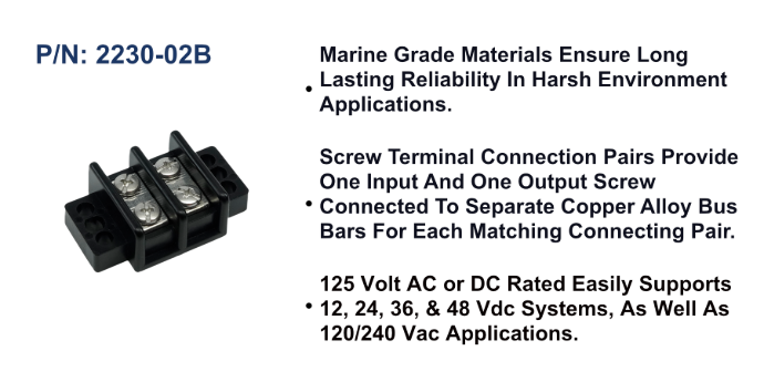 EGIS 2230-02 30A two-circuit terminal block, black barrier strip with two pairs of screw terminals, angled view