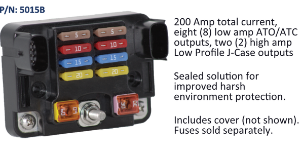 EGIS 5015 CT Series 12-way fuse block with LED indication, open view of blade fuses, power stud and connector