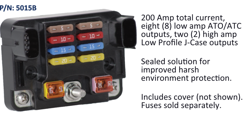 EGIS 5015 CT Series 12-way fuse block with LED indication, open view of blade fuses, power stud and connector