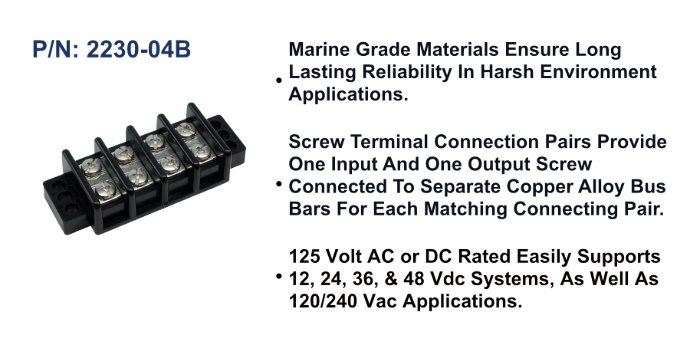EGIS 2230-04 30A four-circuit terminal block, black barrier strip with four pairs of screw terminals, angled view