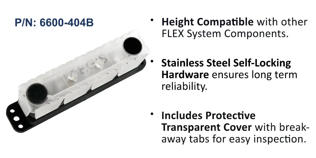 EGIS 6600-404 PowerBar busbar, clear cover, four stud caps on black base, angled view with feature bullets