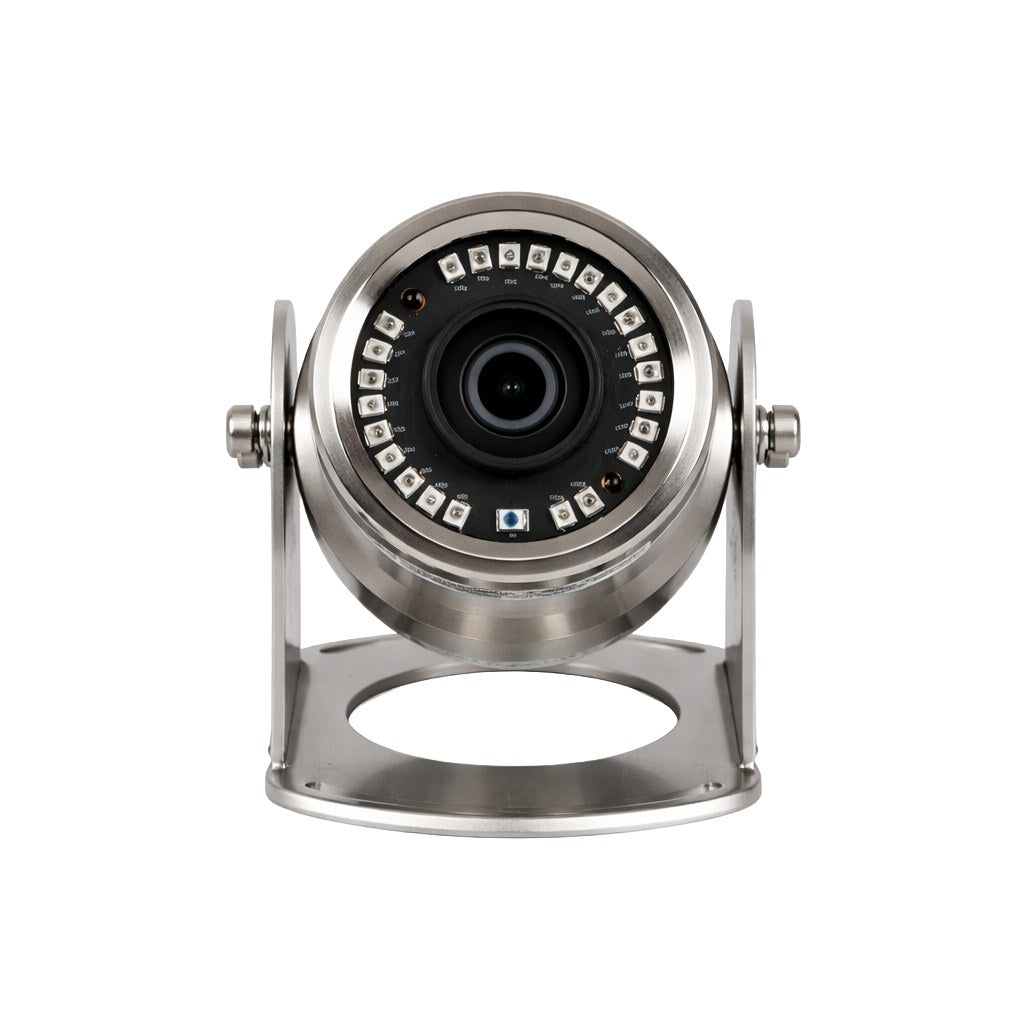 Iris IRIS490 5MP IP stainless rugged camera, 2.8 mm wide angle, 00094-008, steel camera with IR LEDs on a swivel bracket