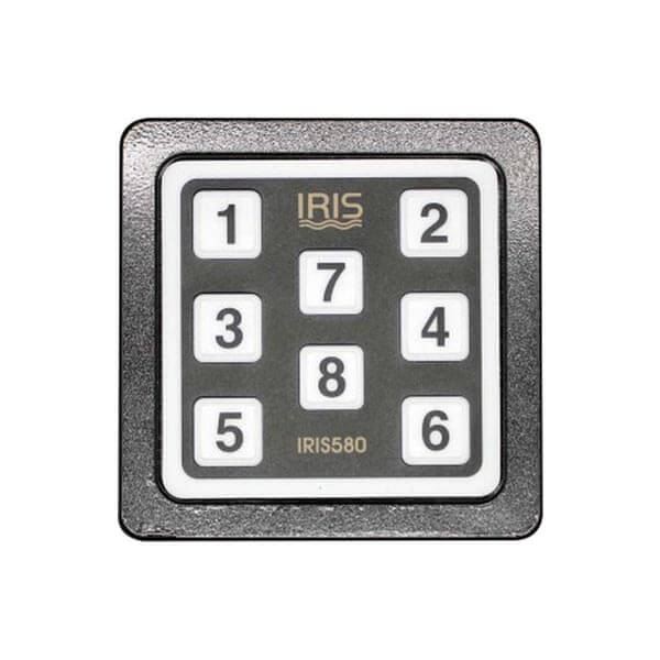 Iris IRIS580 waterproof switcher keypad for IRIS608 and IRIS1608, black square keypad with white keys numbered 1 to 8