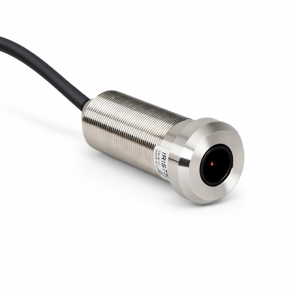 Iris IRIS735 micro flush-mount 4-in-1 stainless camera, 00073-000, slim threaded stainless tube with a lens and a black cable