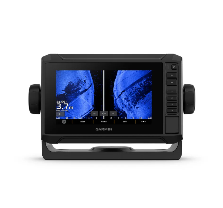 Garmin ECHOMAP UHD2 62sv 010-02679-00 without transducer, front view of two blue sidescan panes, depth 3.7 m