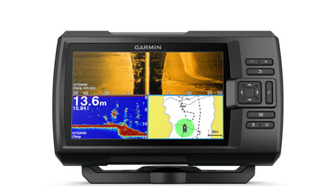 Garmin Striker Plus 7sv 010-01874-02 no transducer, front view with sidescan, sonar and chart panes, 13.6 m