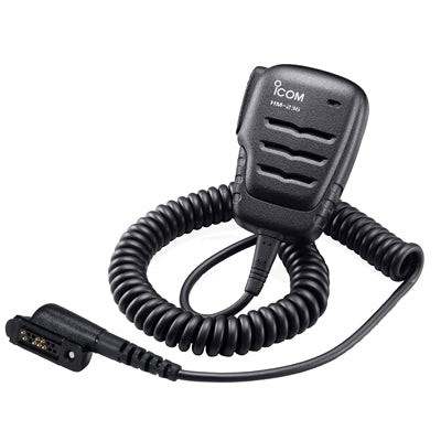 Icom HM-236 speaker microphone, black microphone with a ribbed front, a coiled lead and a flat multi-pin plug