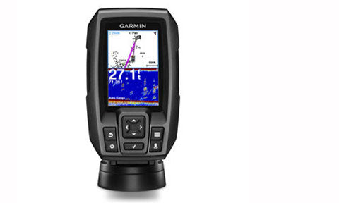 Garmin Striker 4 010-01550-01 GPS fishfinder on swivel base, front view with chart, track and 27.1 depth
