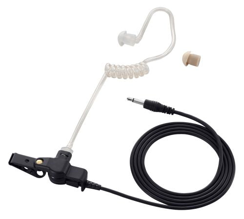 Icom SP-27 clear acoustic tube earphone, clear coiled tube with an ear tip, a clip and a lead with a 3.5 mm plug
